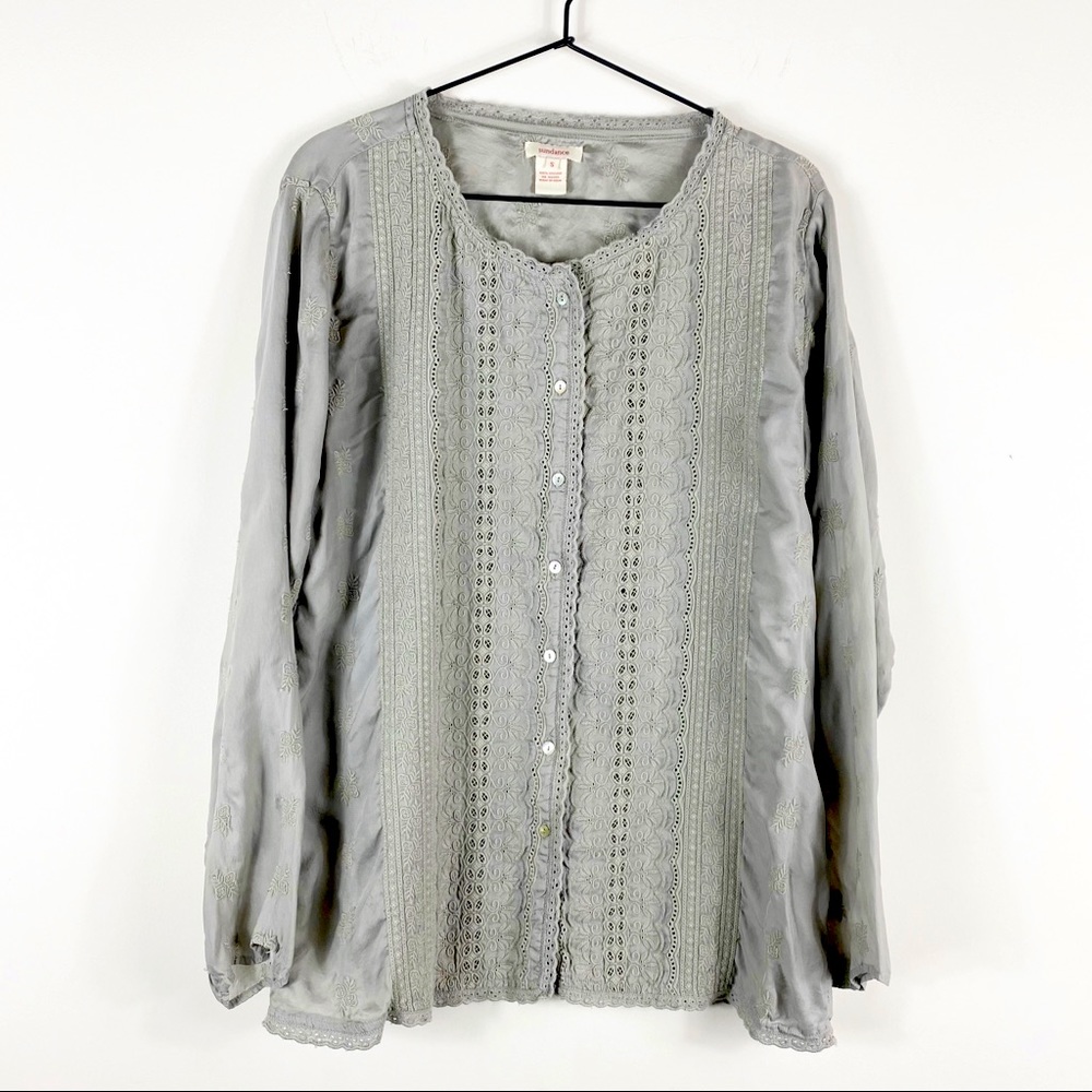 Sundance Eyelet Button Down Lace Sage Blouse